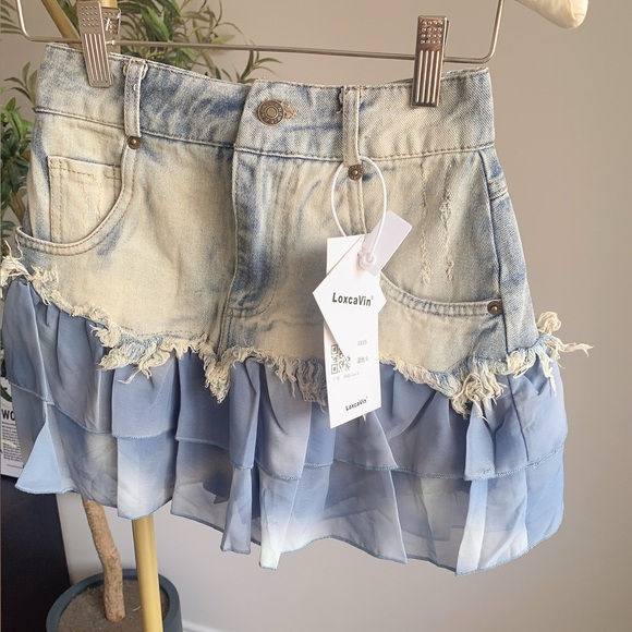 New Distressed Denim Mesh Ruffle Mini Skirt S - Picture 2 of 5